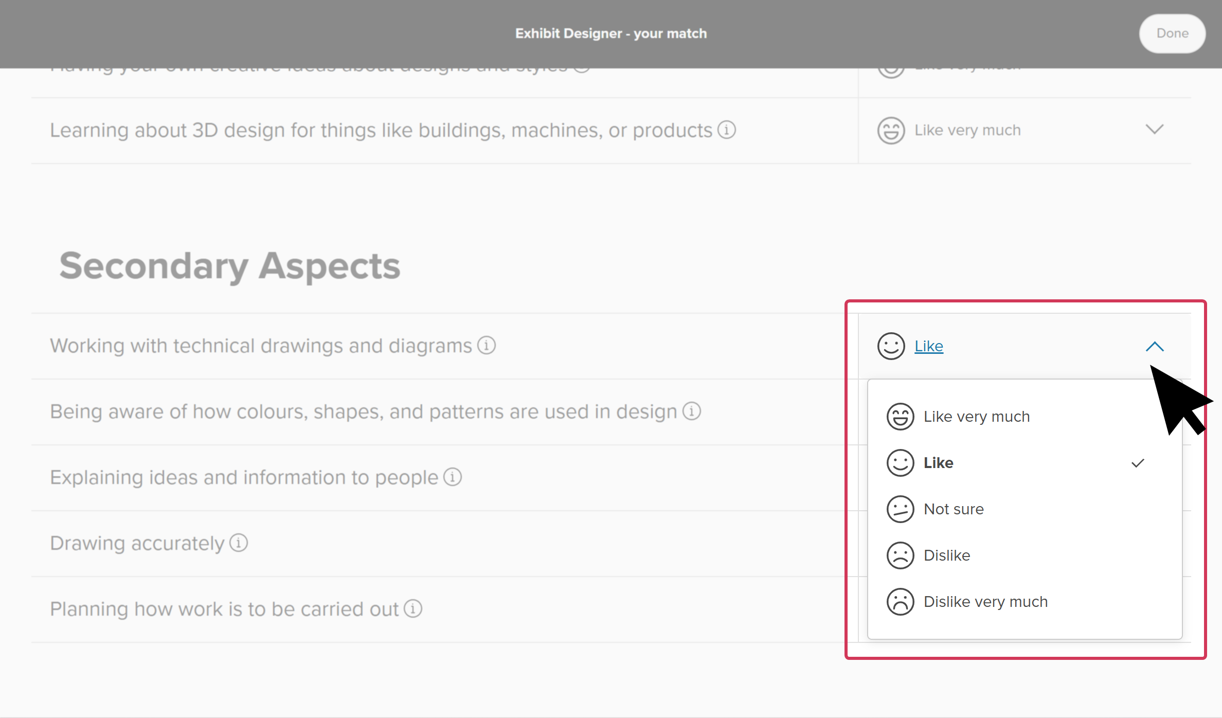 "Find out why" page for a career profile. The cursor has selected the dropdown menu next to a question so they can change their answer